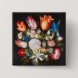 Vintage Flowers in a Glass by Ambrosius Bosschaer 2 Inch Square Button