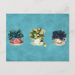 Vintage Flowers in Cups Postcard