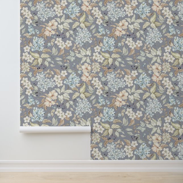 Vintage Flowers Leaves Berries Branches Cool Grey Wallpaper (Application)