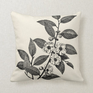 Vintage Flowers Line Art Simple Drawing Throw Pillow