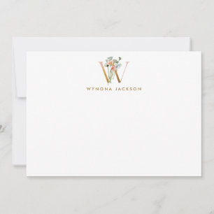 Vintage Flowers Monogram Gold Letter W Note Card