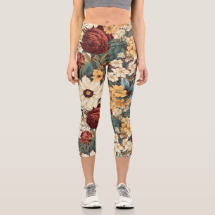Vintage Flowers of Rose, Tulip, Lilies and Daisies Capri Leggings