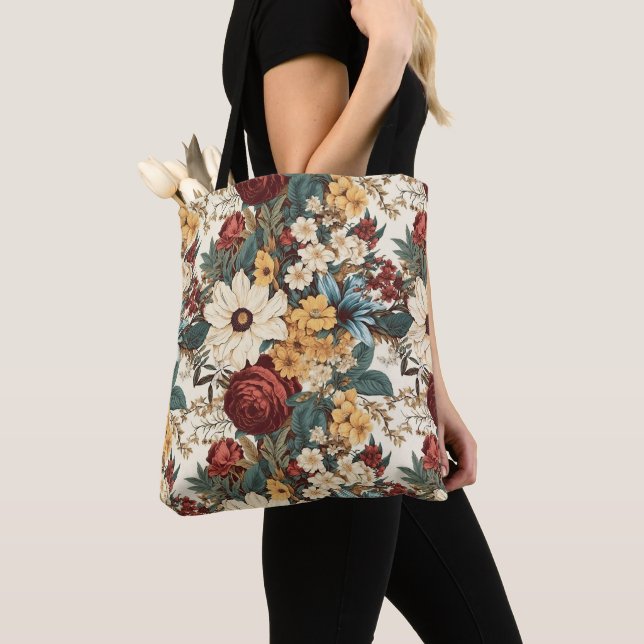 Vintage Flowers of Rose, Tulip, Lilies and Daisies Tote Bag (Close Up)