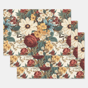 Vintage Flowers of Rose, Tulip, Lilies and Daisies Wrapping Paper Sheet