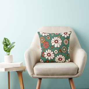 Vintage Flowers on a Green Background Throw Pillow