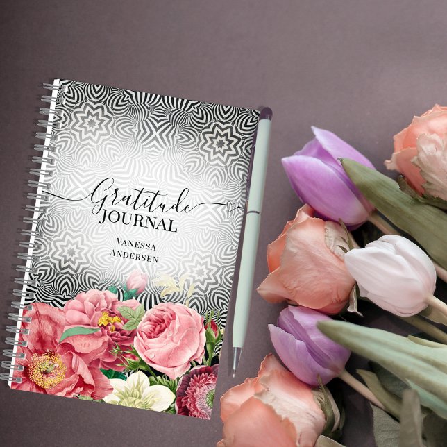Vintage Flowers On Black & White Gratitude Journal (Creator Uploaded)