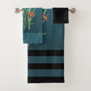 Vintage Flowers on Dark Teal Green Iris Floral Bath Towel Set