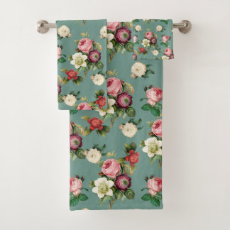 Vintage Flowers on Stone Blue, Retro Floral Print Bath Towel Set
