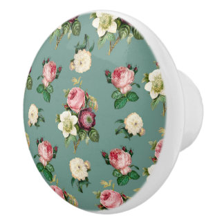 Vintage Flowers on Stone Blue, Retro Floral Print Ceramic Knob