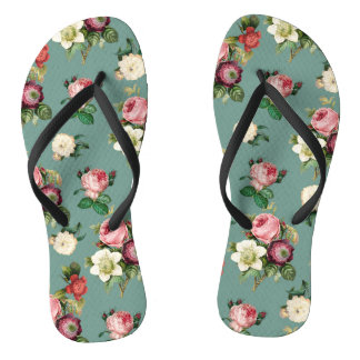Vintage Flowers on Stone Blue, Retro Floral Print Flip Flops