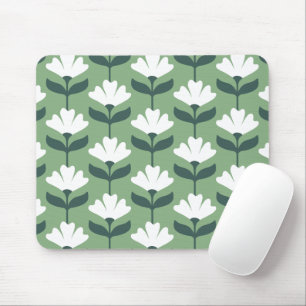 Vintage Flowers Pattern Green & White Mouse Pad