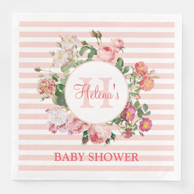 Vintage Flowers Pink Stripes Monogram Baby Shower Napkin (Front)