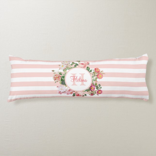 Vintage Flowers Pink Stripes Monogram Body Pillow (Front)