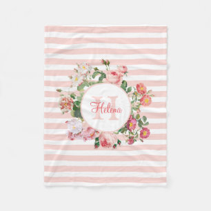 Vintage Flowers Pink Stripes Monogram Fleece Blanket