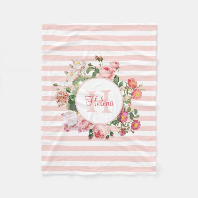 Vintage Flowers Pink Stripes Monogram Fleece Blanket (Front)