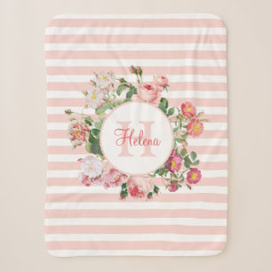 Vintage Flowers Pink Stripes Monogram Sherpa Blanket
