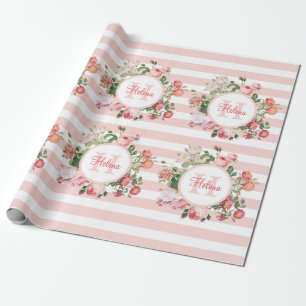 Vintage Flowers Pink Stripes Monogram Wrapping Paper