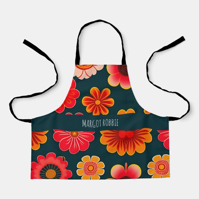 Vintage Flowers Red Black Floral Pattern Apron (Front)