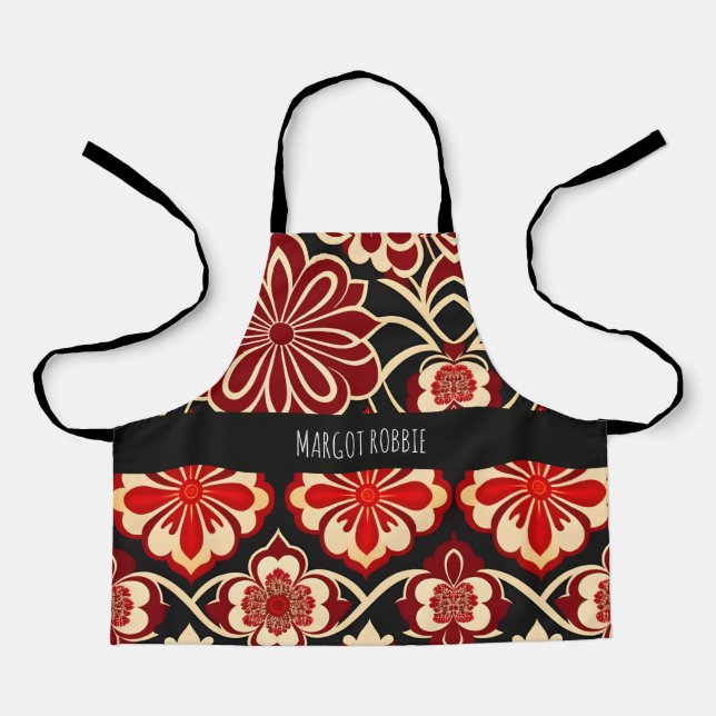 Vintage Flowers Red Green Floral Pattern Apron (Front)