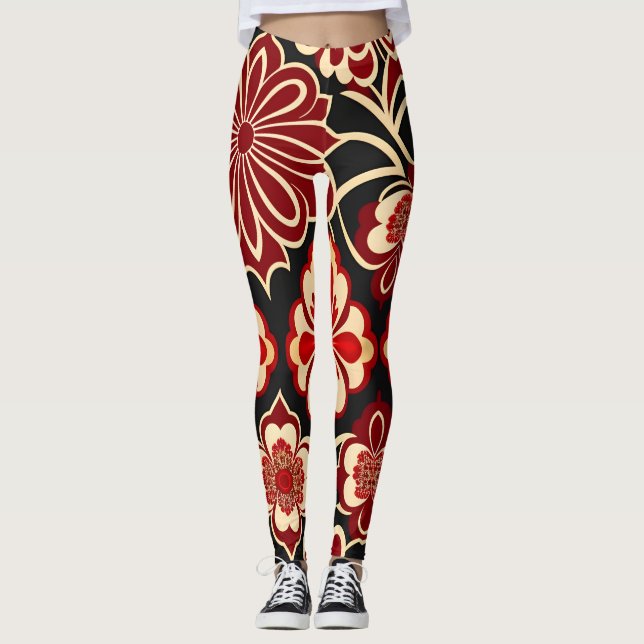Vintage Flowers Red Green Floral Pattern Leggings (Front)