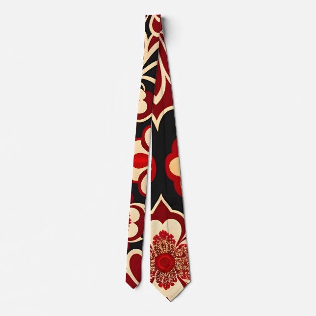 Vintage Flowers Red Green Floral Pattern Tie (Back)