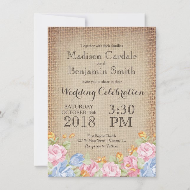 Vintage Flowers Rustic Burlap Wedding Invitations (Front)