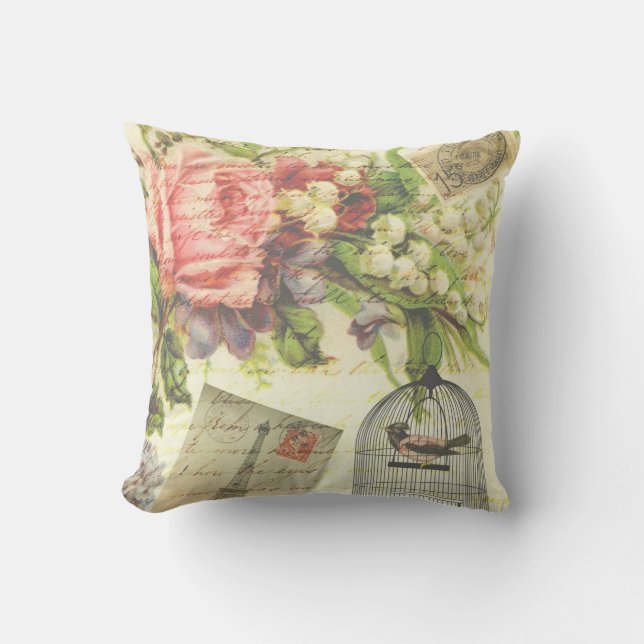 Vintage Flowers, Stamps & Bird Throw Pillow (Front)