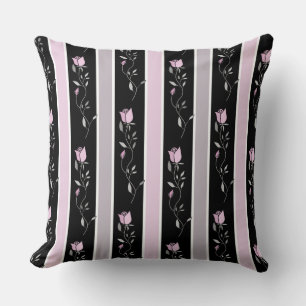 Vintage flowers striped pattern in black and pink throw pillow