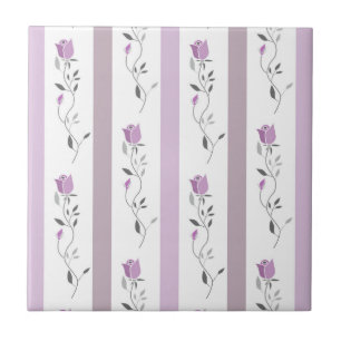 Vintage Flowers Striped pattern white beige pink  Tile