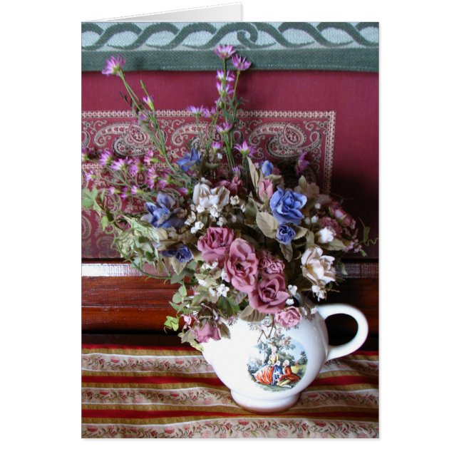 Vintage Flowers Teapot Vase, Blank Greeting Card (Front)