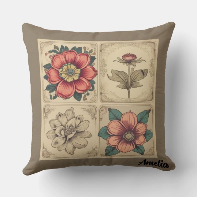 Vintage Flowers Throw Pillow (Back)