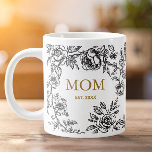 Vintage Flowers Toile De Jouy Black Mothers Day  Large Coffee Mug