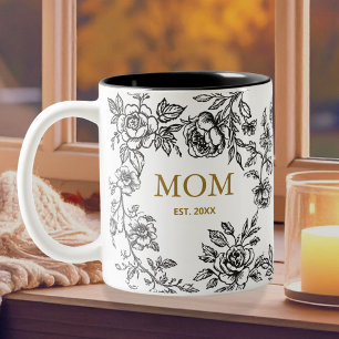 Vintage Flowers Toile De Jouy Black Mothers Day  Two-Tone Coffee Mug