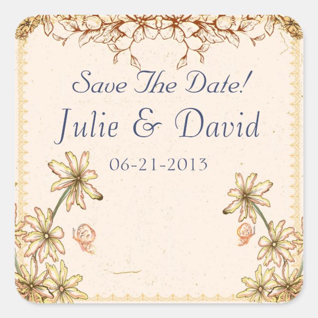 Vintage Flowers Wedding  Save The Date Square Sticker (Front)