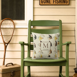 Vintage Fly Fishing Flies Watercolor Nautical Thr Outdoor Pillow