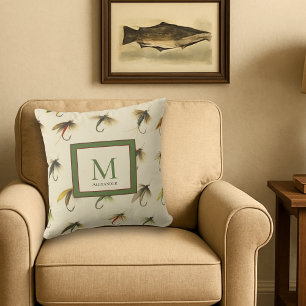 Vintage Fly Fishing Flies Watercolor Nautical Thr Outdoor Pillow