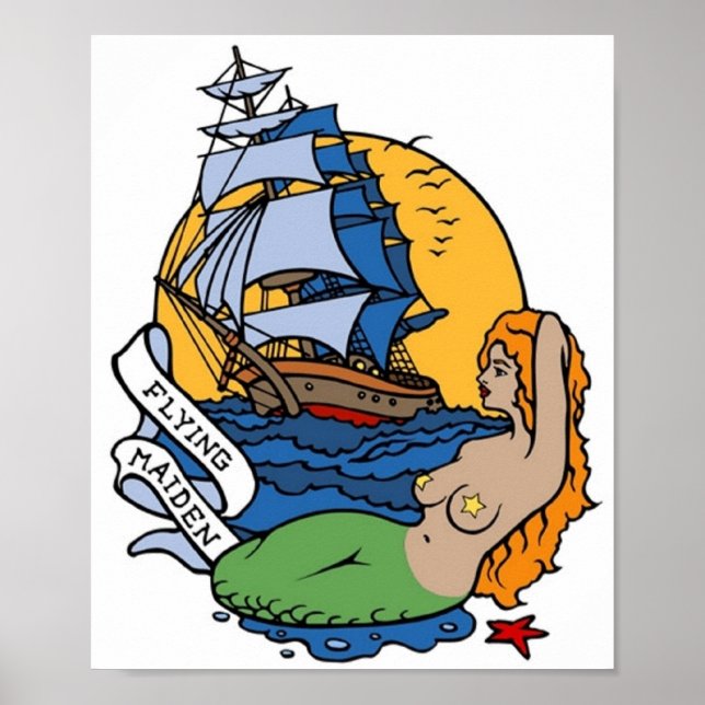 Vintage Flying Maiden Mermaid, Ship Tattoo Art Poster (Front)