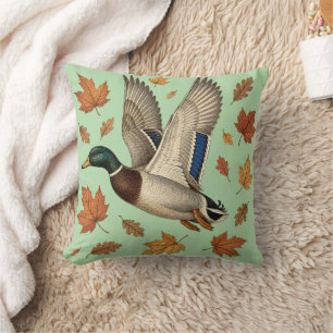 Vintage Flying Mallard Duck with Autumn Leaves Throw Pillow