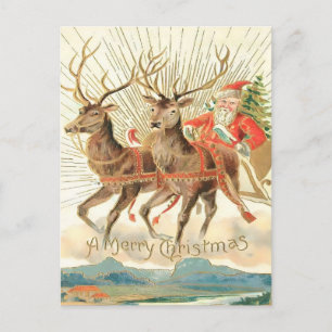 Vintage Flying Santa & Majestic Reindeer Postcard