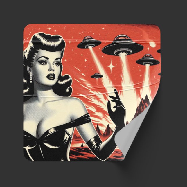 Vintage Flying Saucers Pin-up Square Sticker (Creator Uploaded)