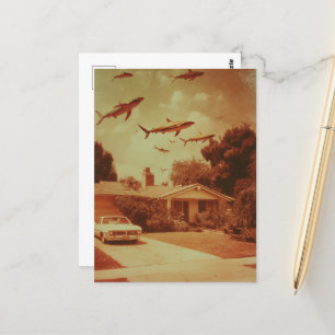 Vintage Flying Sharks in the Neighborhood Postcard