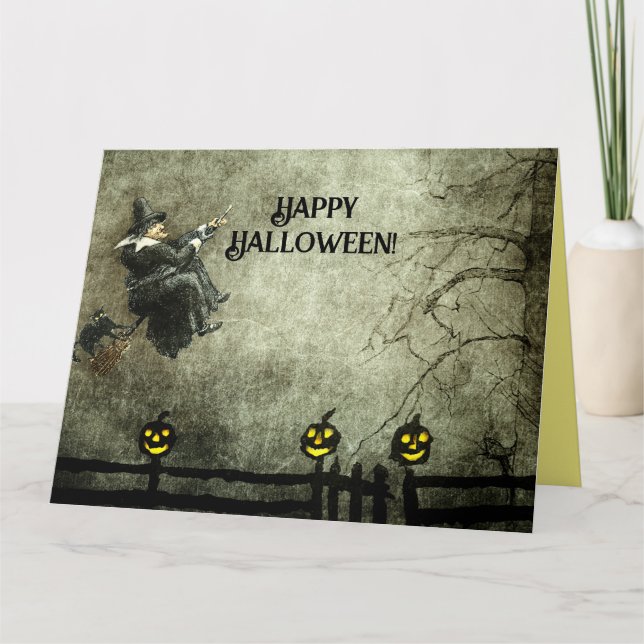 Vintage Flying Witch at Night Grinning Pumpkins Card (Front)