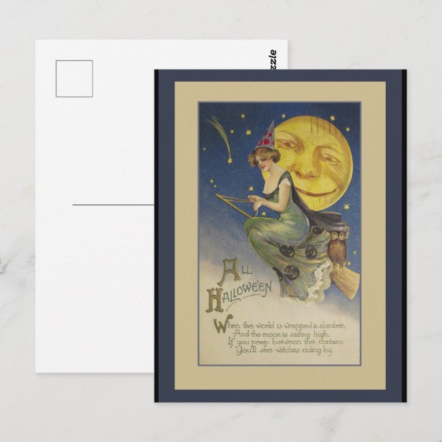 Vintage Flying Witch Halloween Postcard (Front/Back)