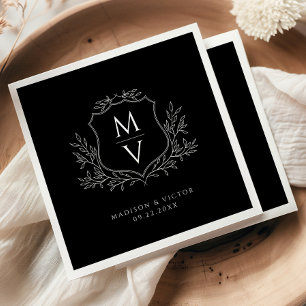 Vintage Foliage Crest Monogram Black White Wedding Napkin