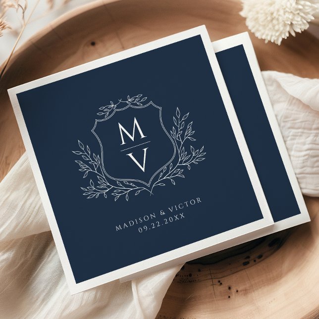 Vintage Foliage Crest Monogram Navy Blue Wedding Napkin (Creator Uploaded)