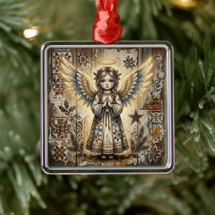 Vintage Folk Art Angel Christmas Wrapping Metal Ornament