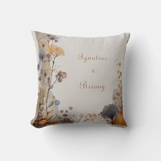 Vintage Folk Art Botanical Wedding Throw Pillow (Front)