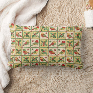 Vintage Folk Art Christmas Birds & Holly Berry Lumbar Pillow