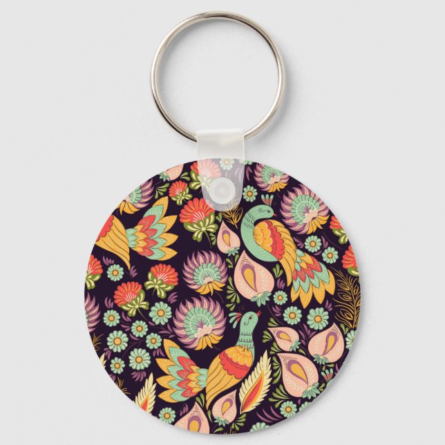 Vintage Folk Floral Birds Ornament Keychain (Front)