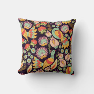 Vintage Folk Floral Birds Ornament Throw Pillow